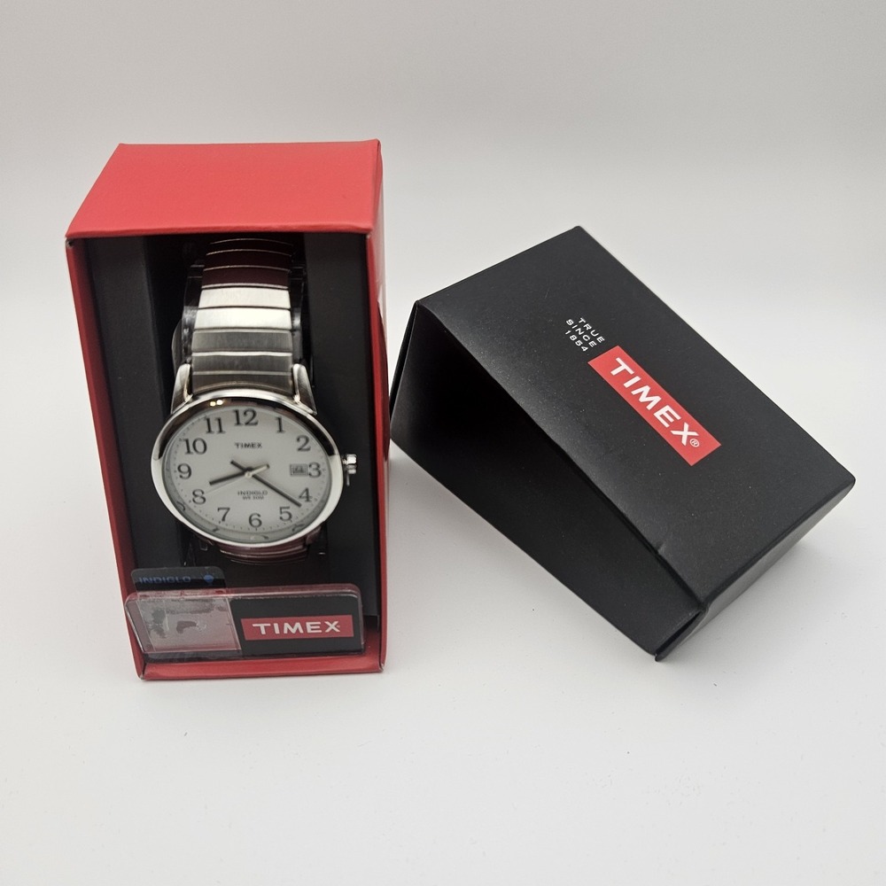 Timex Easy Reader Indiglo 35mm Expansion Band Watch Silver-Tone W/ Date NEW